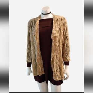 Vintage 90s Salon Studio Women's Sz LP Boho Style Tan Floral Lace Cardigan